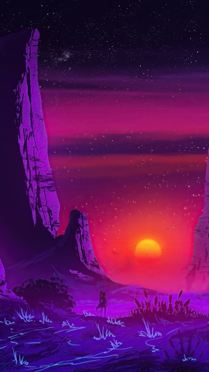 Digital art of a couple watching a sunset on an alien planet