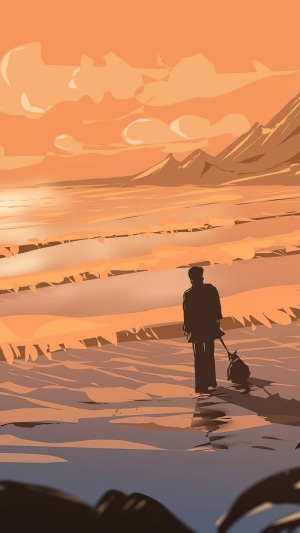 Person and dog walking in a desert landscape at sunset