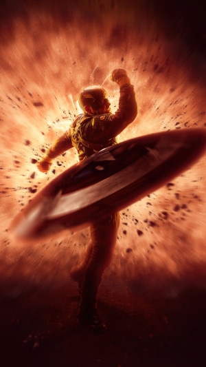 Captain America in front of an explosion