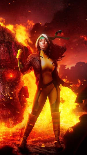 Rogue from X-Men cosplay in fiery background