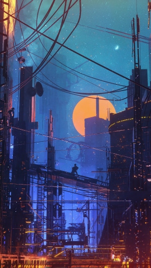 Cyberpunk Cityscape at Dusk with Orange Moon