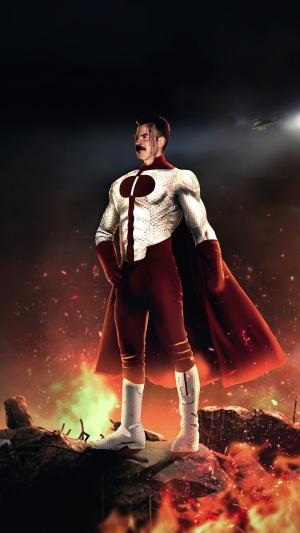 Omni-Man from Invincible in a fiery landscape