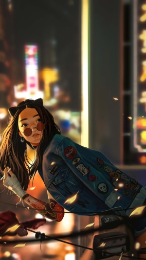 Girl with cat ears and tattoos in a denim jacket