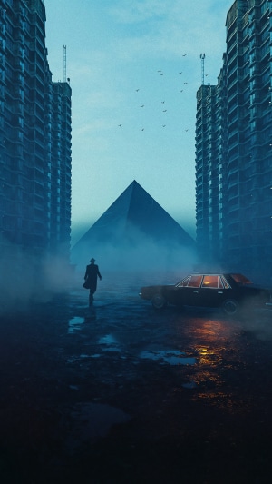 Man walking towards pyramid between buildings 4K
