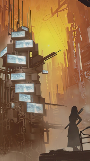 Digital art of a dystopian city with screens showing eyes
