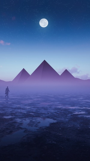 Digital art of pyramids under a full moon