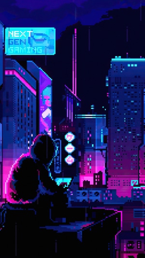 Pixel art of a person in a cyberpunk city
