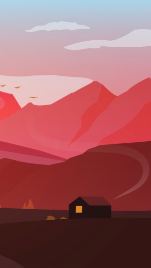 Minimalist digital art of a hut in mountains