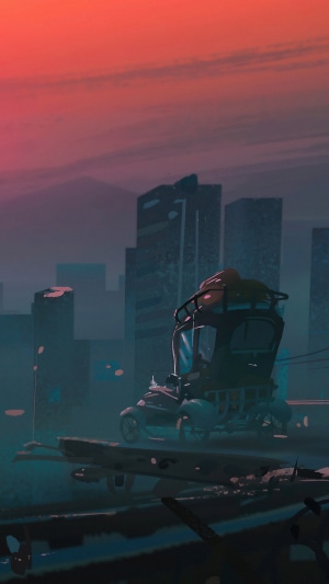 Post-apocalyptic vehicle in a ruined city