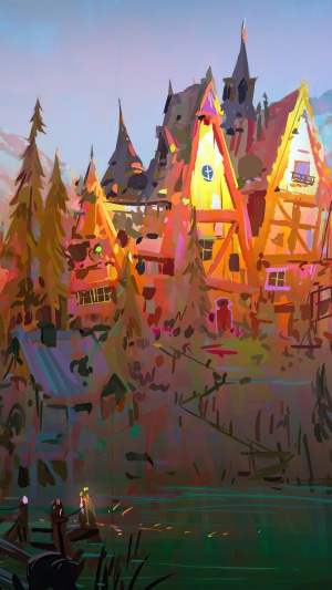 Fantasy village with pointed roofs and trees
