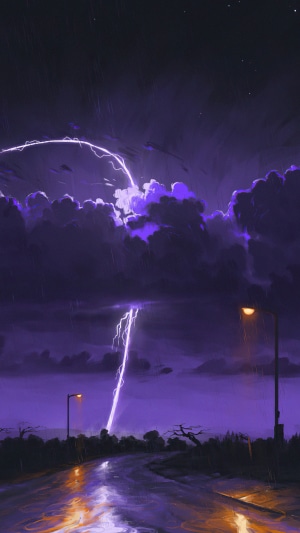 Lightning storm over a wet road with streetlights