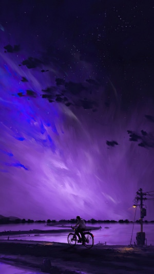 Person riding a bicycle under a purple sky