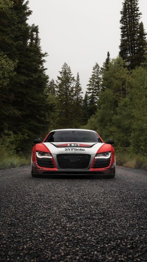 Audi R8 with SVPhoto branding on a forest road