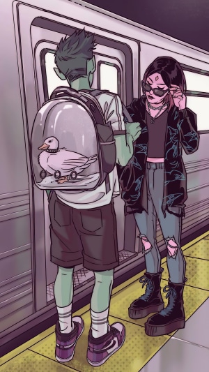 Beast Boy and Raven from Teen Titans Go! at a subway station
