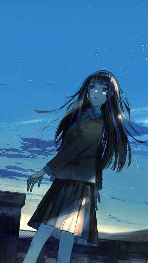 Anime girl in school uniform looking at the night sky