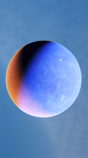 Planet in space with blue and orange hues