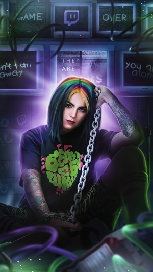 Woman with rainbow hair and tattoos holding a chain