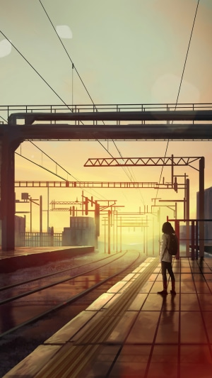 Girl on a train platform at sunset