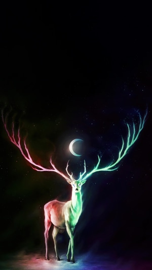 Digital art of a deer with colorful antlers and a moon