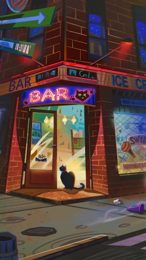 Black cat in front of a neon bar and ice cream shop