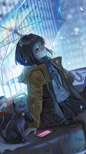 Anime girl with cat under umbrella in city
