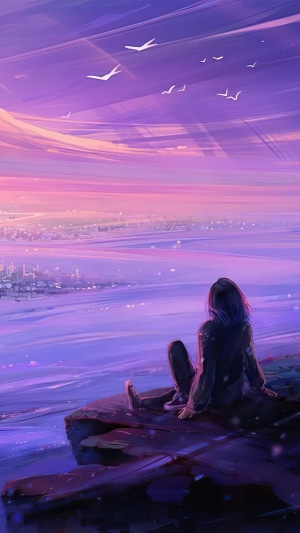 Girl sitting on cliff overlooking city at sunset