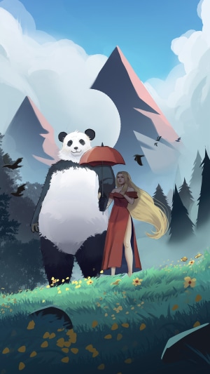 Panda and woman with umbrella in a mountain landscape