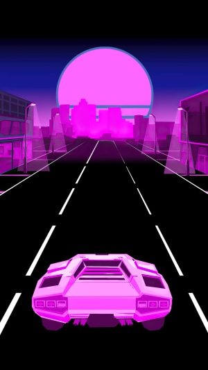 Synthwave Lamborghini driving through a neon city at sunset