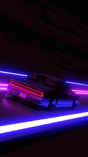 Retro car driving on neon road at night