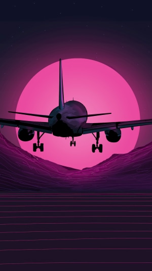 Airplane flying over a neon landscape at sunset