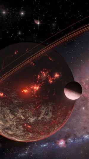 Planet with rings and moon in space