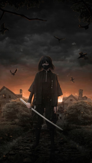 Samurai with katana in a ruined village
