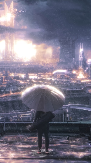 Person with umbrella in futuristic city during rain