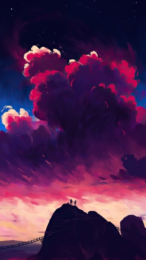 Artwork of clouds and people on a mountain