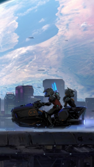 Two armored figures on a futuristic motorcycle with a planet in the background