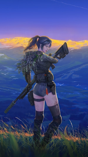 Woman with sniper rifle in mountains at sunset