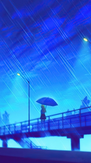 Anime girl with umbrella on a bridge in the rain