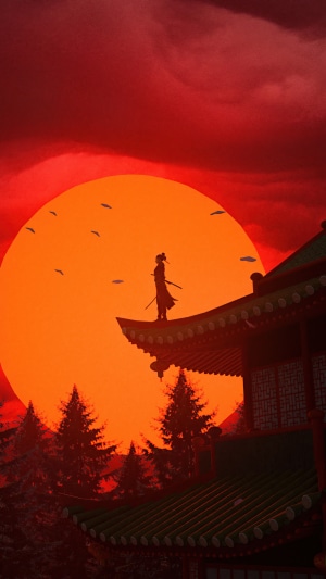 Samurai warrior on a temple roof at sunset