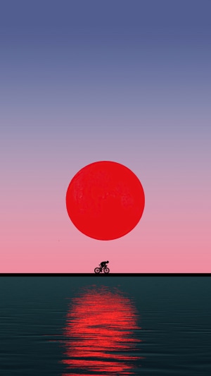 Minimalist artwork of a cyclist at sunset