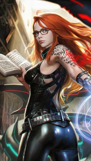 Woman with red hair and glasses holding a book
