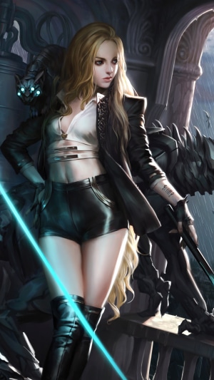 Woman with cybernetic pet holding a neon sword