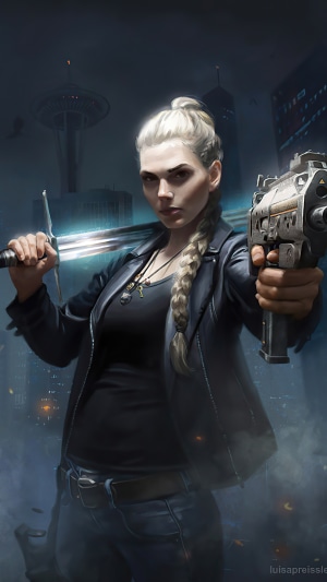 Woman with sword and gun in city