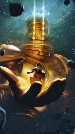 Thena from Eternals in a Celestial's hand