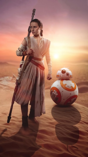 Rey and BB-8 from Star Wars in a desert