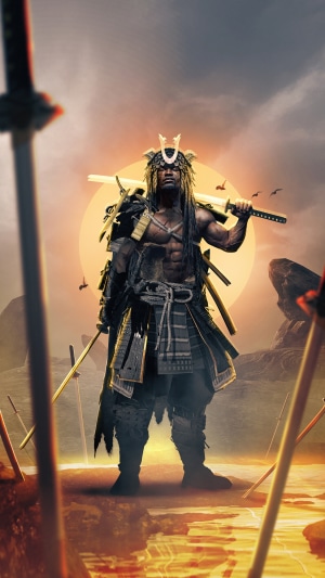 Samurai warrior with swords at sunset