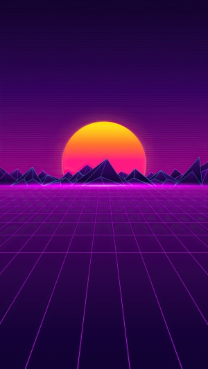 Retrowave sunset over digital mountains and grid landscape
