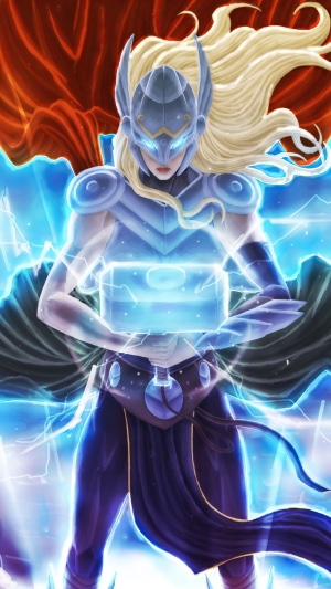 Jane Foster as Thor holding Mjolnir