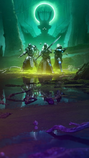 Guardians in a swampy area with a large figure in the background