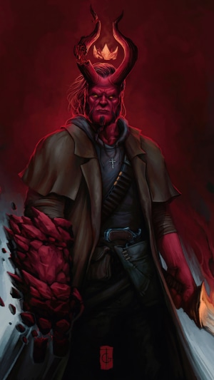 Hellboy with crown and flaming horns