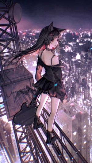 Anime girl with cat ears and guitar on a tower
